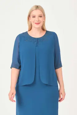 لباس مجلسی سایز بزرگ آستر‎دار یقه شیفون نگین دار رنگ نفتی برند Oktay کد 1663773790