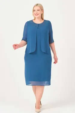 لباس مجلسی سایز بزرگ آستر‎دار یقه شیفون نگین دار رنگ نفتی برند Oktay کد 1663773790