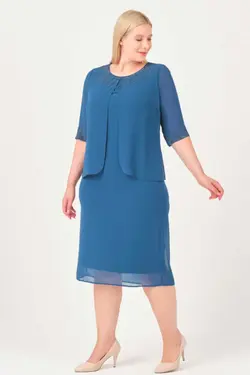 لباس مجلسی سایز بزرگ آستر‎دار یقه شیفون نگین دار رنگ نفتی برند Oktay کد 1663773790