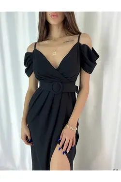 پیراهن پارچه کرپ کمربند‎دار چاک دار یقه هفت مشکی برند Deafox کد 1664851203