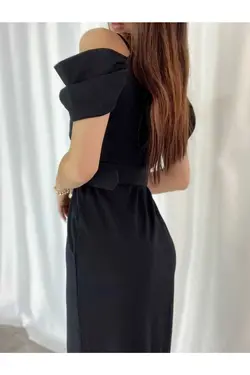 پیراهن پارچه کرپ کمربند‎دار چاک دار یقه هفت مشکی برند Deafox کد 1664851203