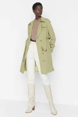 بارانی بلند طرح‎دار کمربند‎دار یشمی روشن بادگیر برند TRENDYOLMİLLA کد 1664967083