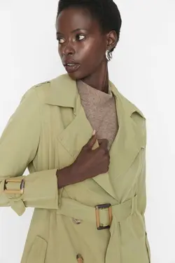 بارانی بلند طرح‎دار کمربند‎دار یشمی روشن بادگیر برند TRENDYOLMİLLA کد 1664967083