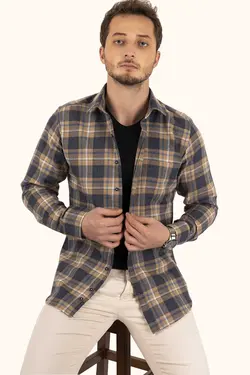 پیراهن جعبه‎دار کادو اسلیم فیت راه‎راه سرمه ای خردلی برند Etikmen کد 1665841504