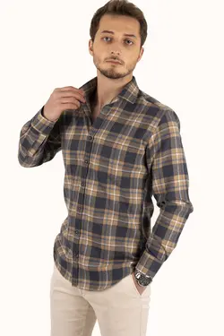 پیراهن جعبه‎دار کادو اسلیم فیت راه‎راه سرمه ای خردلی برند Etikmen کد 1665841504