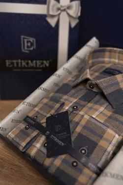 پیراهن جعبه‎دار کادو اسلیم فیت راه‎راه سرمه ای خردلی برند Etikmen کد 1665841504