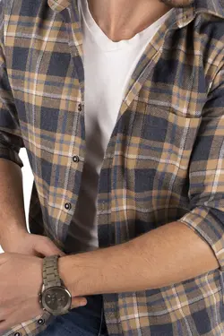 پیراهن جعبه‎دار کادو اسلیم فیت راه‎راه سرمه ای خردلی برند Etikmen کد 1665841504