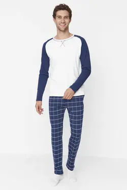 لباس راحتی بافتنی شطرنجی سرمه ای 100پنبه مردانه برند TRENDYOL MAN کد 1666173010