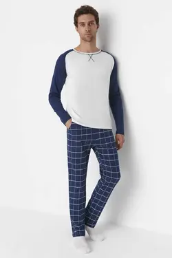 لباس راحتی بافتنی شطرنجی سرمه ای 100پنبه مردانه برند TRENDYOL MAN کد 1666173010