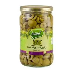 خرید زیتون شور ورقه شده 660گرمی آرشیا - فروشگاه اینترنتی گانوکو