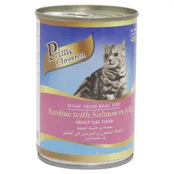 کنسرو گربه بالغ با طعم ماهی سالمون و ماهی ساردین در ژله 400 گرمی پرایم کلاسیکا