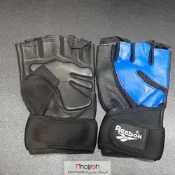 دستکش نیمه انگشتی بدنسازی چرم ریبوک REEBOK مشکی آبی کد VM222