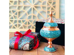 ست شکلات خوری فیروزه کوبی 24 و رومیزی ترمه