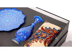 ست بشقاب و گلدان مینا کاری و سفره قلم زنی