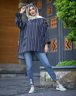 مانتو مدل راه راه جلو بسته سرمه ای کد 14782