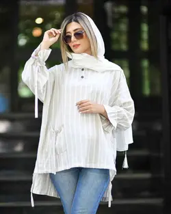 مانتو مدل راه راه جلو بسته سفید کد 14782