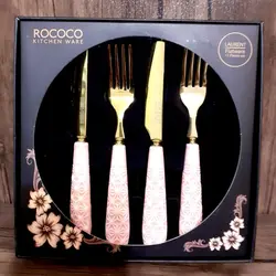 کاردو چنگال تیغه طلایی دسته صورتی روکوکو Rococo