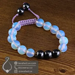 دستبند مهره سنگی اوپال صنعتی و حدید بافت گره کشویی _ کد : 400947 | جواهر لوکس