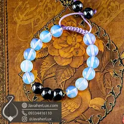 دستبند مهره سنگی اوپال صنعتی و حدید بافت گره کشویی _ کد : 400947 | جواهر لوکس