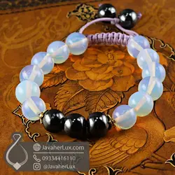 دستبند مهره سنگی اوپال صنعتی و حدید بافت گره کشویی _ کد : 400947 | جواهر لوکس