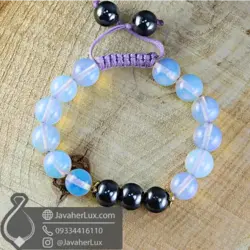 دستبند مهره سنگی اوپال صنعتی و حدید بافت گره کشویی _ کد : 400947 | جواهر لوکس