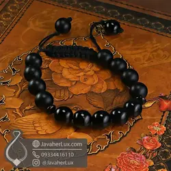 دستبند مهره سنگی عقیق سیاه بافت کشویی _ کد : 400937 | جواهر لوکس