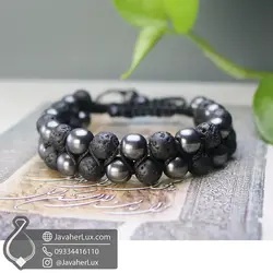 دستبند سنگ حدید و لاوا اصل دو رج بافت اسپرت مدل شاهزاده شب