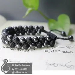 دستبند سنگ حدید و لاوا اصل دو رج بافت اسپرت مدل شاهزاده شب