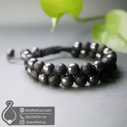 دستبند سنگ حدید و لاوا اصل دو رج بافت اسپرت مدل شاهزاده شب