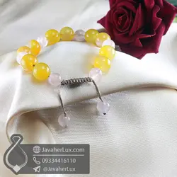 دستبند بافت عقیق زرد و رز کوارتز _ کد : 400714 | دستبند رز کوارتز | دستبند عقیق زرد