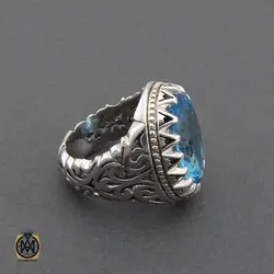 انگشتر توپاز آبی درشت و فاخر مردانه دست ساز - کد 10327