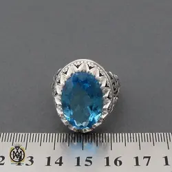 انگشتر توپاز آبی درشت و فاخر مردانه دست ساز - کد 10327