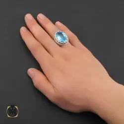 انگشتر توپاز آبی درشت و فاخر مردانه دست ساز - کد 10327