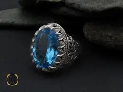 انگشتر توپاز آبی درشت و فاخر مردانه دست ساز - کد 10327