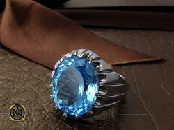 انگشتر توپاز آبی درشت مردانه هنر دست استاد باقرزاده - کد 10040