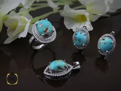 سرویس نقره با نگین فیروزه نیشابور زنانه طرح شيدا - کد 7044