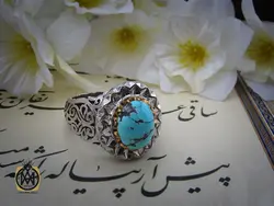 انگشتر فیروزه نیشابوری مردانه مرغوب هنر دست استاد شرفیان و استاد فتح - 10457