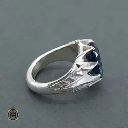 انگشتر توپاز آبی اصل مردانه لندن رکاب هشت چنگ - کد 11324