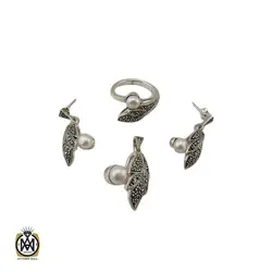 سرویس نقره با نگین مروارید زنانه طرح سمن - کد 7101