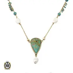 گردنبند فیروزه نیشابوری و مروارید پرورشی طرح دلکش زنانه - کد 3415