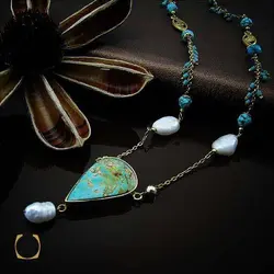 گردنبند فیروزه نیشابوری و مروارید پرورشی طرح دلکش زنانه - کد 3415