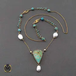 گردنبند فیروزه نیشابوری و مروارید پرورشی طرح دلکش زنانه - کد 3415