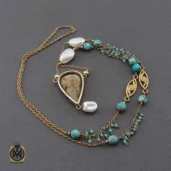 گردنبند فیروزه نیشابوری و مروارید پرورشی طرح دلکش زنانه - کد 3415