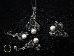 سرویس مروارید پرورشی اصل، جید و مارکازیت طرح کمند زنانه - کد 7062