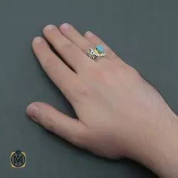 انگشتر فیروزه نیشابوری اصل مردانه دست ساز شبکه ای - کد 11309