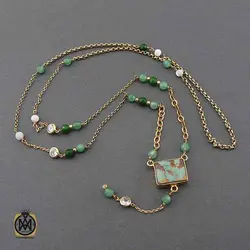 گردنبند فیروزه نیشابوری ، صدف و جید طرح گلشن زنانه - کد 3422