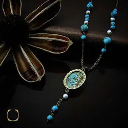 گردنبند فیروزه نیشابوری و مروارید پرورشی طرح ثمین زنانه - کد 3414