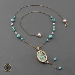 گردنبند فیروزه نیشابوری و مروارید پرورشی طرح ثمین زنانه - کد 3414