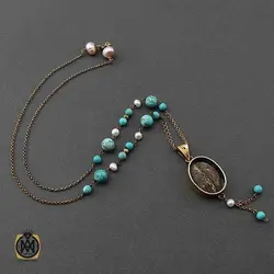 گردنبند فیروزه نیشابوری و مروارید پرورشی طرح ثمین زنانه - کد 3414