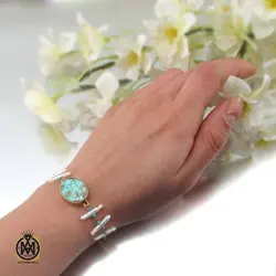 دستبند فیروزه نیشابوری مروارید پرورشی زنانه طرح ثمین - کد 1203